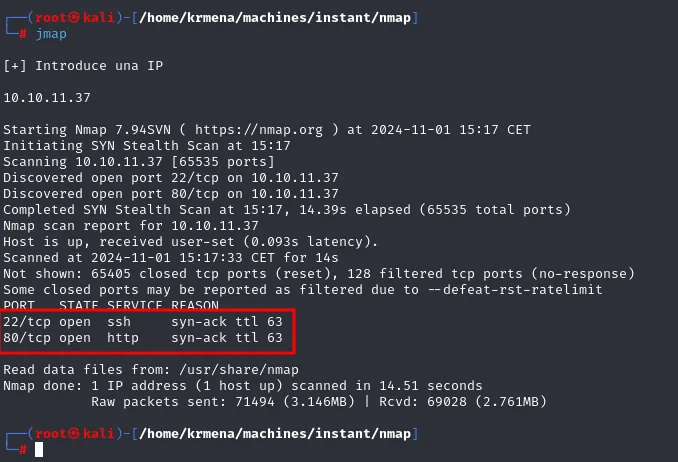 Salida de jmap: nmap descubre los puertos 22 y 80 abiertos en 10.10.11.37, ambos con syn-ack ttl 63