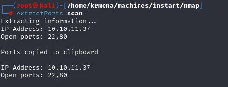 Salida de extractPorts sobre el fichero scan: IP Address 10.10.11.37 y Open ports 22,80, copiados al portapapeles