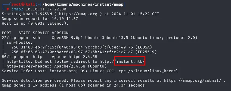 nmap -sCV: OpenSSH 9.6p1 y Apache 2.4.58, con la redirección a instant.htb marcada en la salida