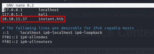 /etc/hosts editado en nano con la línea 10.10.11.37 instant.htb añadida