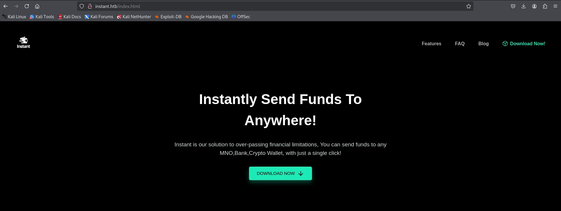 la portada de instant.htb muestra el eslogan Instantly Send Funds To Anywhere y un botón DOWNLOAD NOW