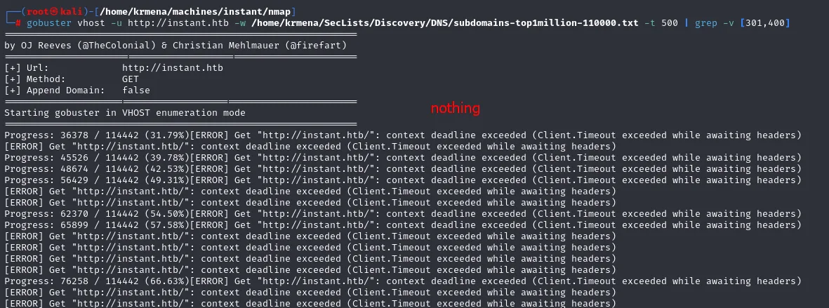 gobuster en modo vhost avanza hasta el 66% entre errores de timeout y no encuentra ningún subdominio