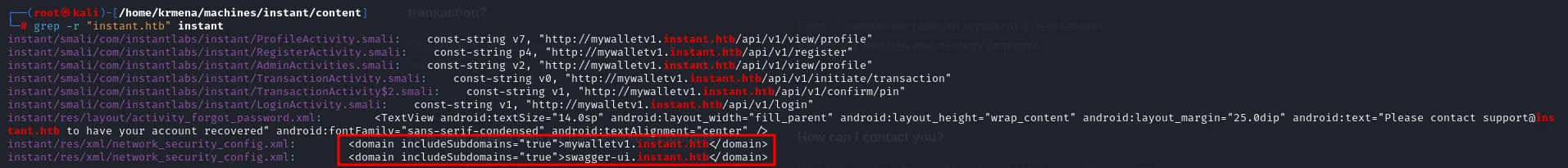 el grep saca los endpoints de la API y los subdominios mywalletv1 y swagger-ui en network_security_config.xml
