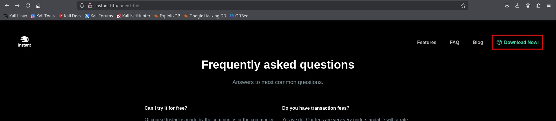 la sección Frequently asked questions con el enlace Download Now! resaltado en la barra de navegación