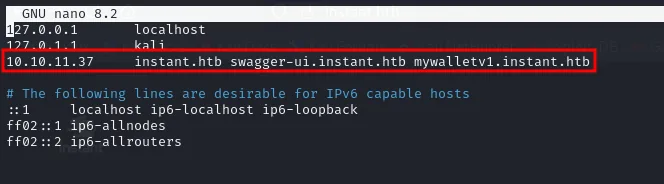 /etc/hosts con los tres nombres instant.htb, swagger-ui.instant.htb y mywalletv1.instant.htb apuntando a 10.10.11.37