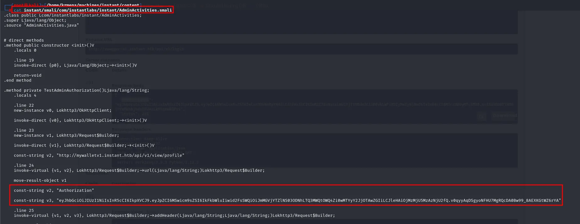 AdminActivities.smali contiene el método TestAdminAuthorization con la cabecera Authorization y un JWT grabado en duro