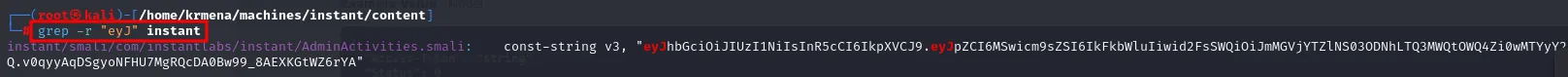 el grep por eyJ localiza el mismo JWT dentro de AdminActivities.smali