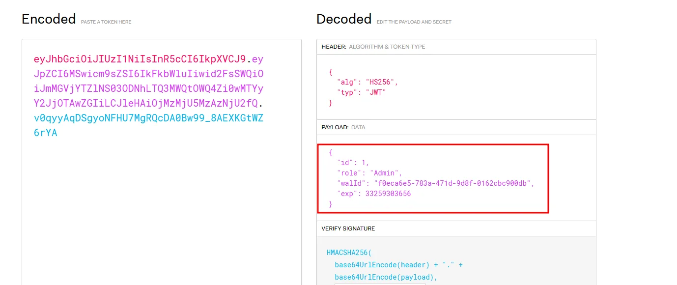 jwt.io decodifica el token: cabecera con alg HS256 y payload con id 1, role Admin, walId y exp