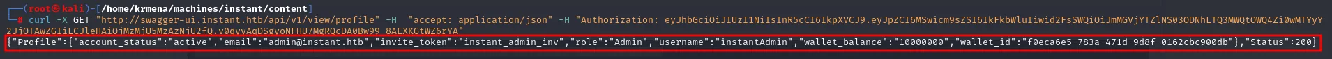 la API responde 200 con el perfil de instantAdmin, su correo, su invite_token y un saldo de 10000000
