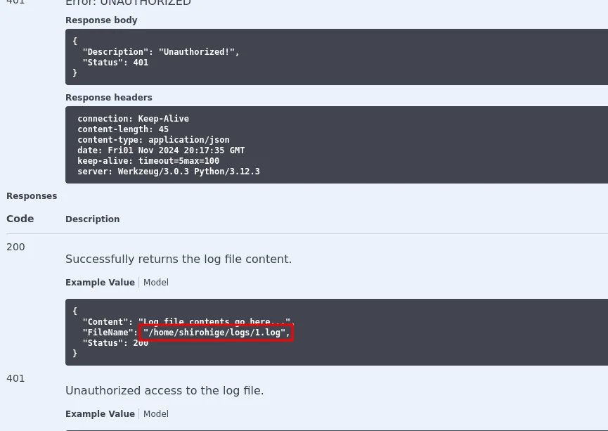 Swagger muestra la respuesta 401 Unauthorized del endpoint de logs y, más abajo, el ejemplo de respuesta 200 con FileName /home/shirohige/logs/1.log