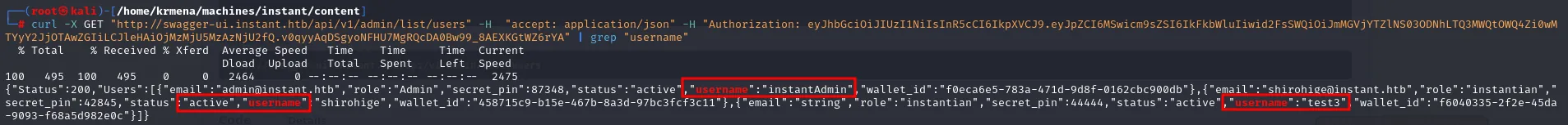 el endpoint admin/list/users devuelve instantAdmin, shirohige y test3 con su correo, rol, secret_pin y wallet_id