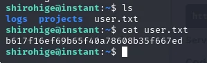 ls muestra logs, projects y user.txt en el home de shirohige, y cat imprime la flag