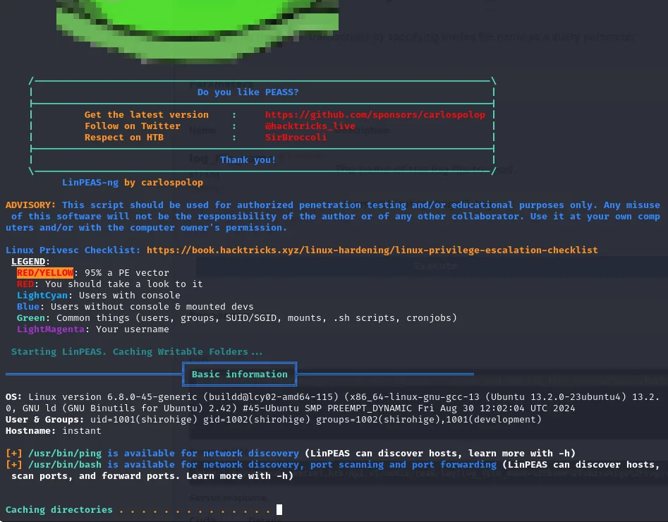 linpeas arranca y muestra la sección Basic information con la versión del kernel y los grupos de shirohige