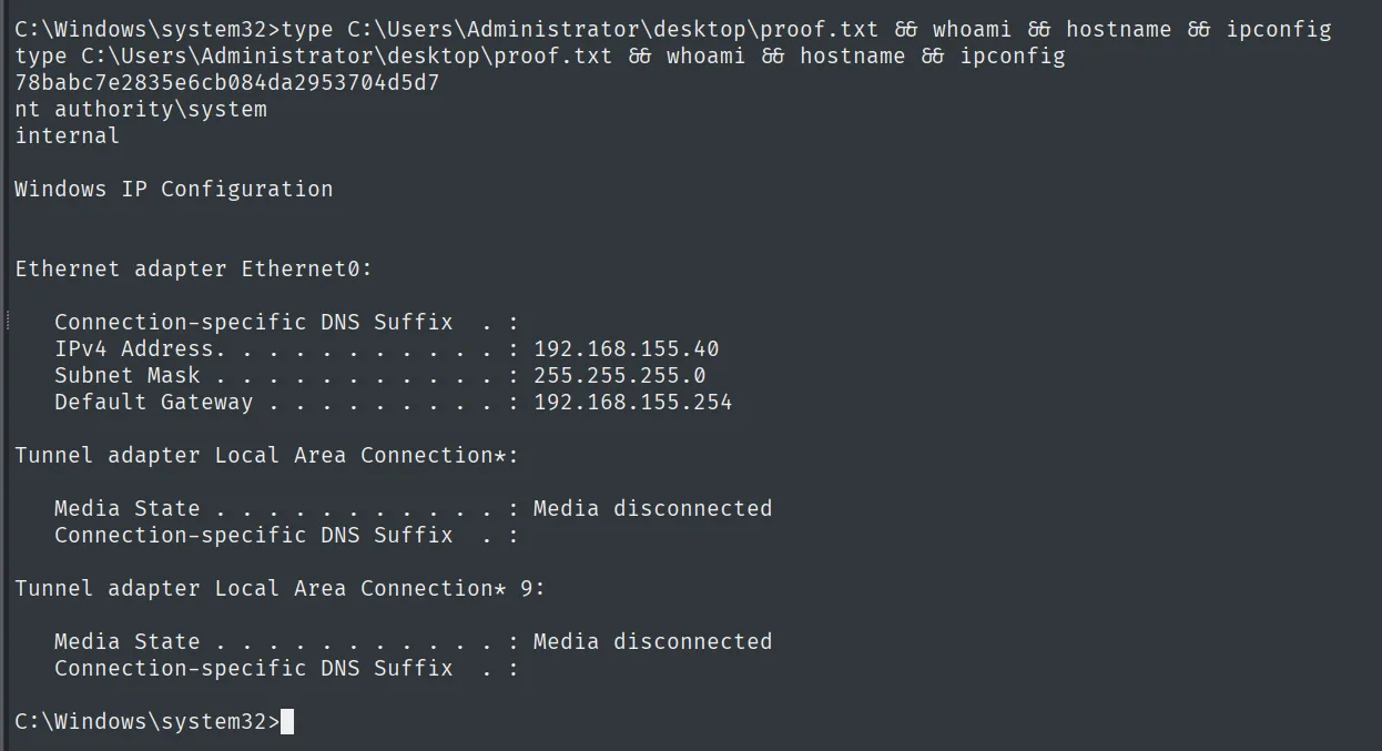 proof.txt leída como SYSTEM en internal (192.168.155.40)