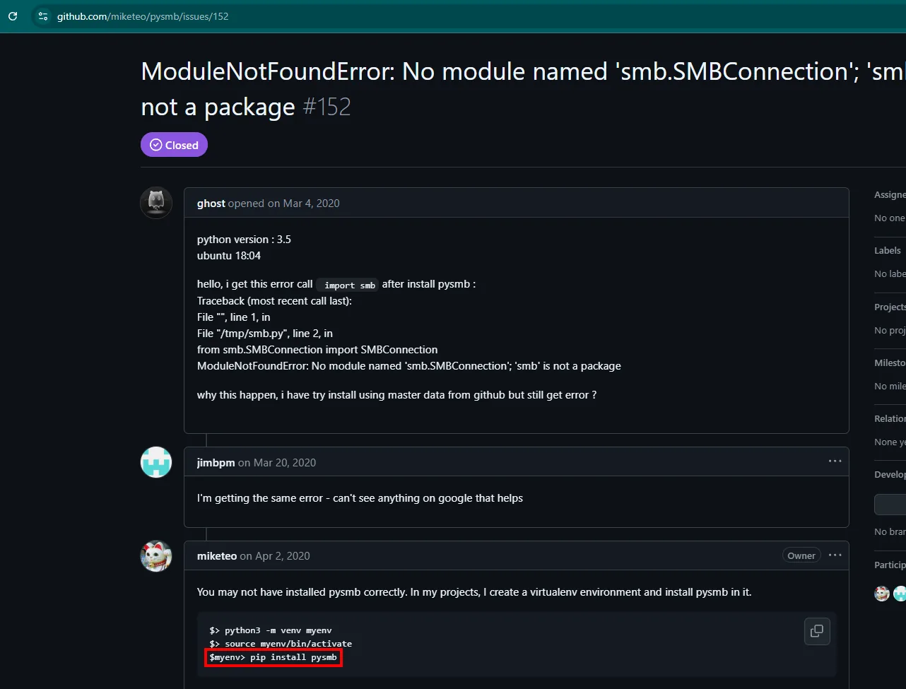 Issue del repositorio de pysmb: el import falla con ModuleNotFoundError y el autor responde que hay que instalarlo dentro de un virtualenv