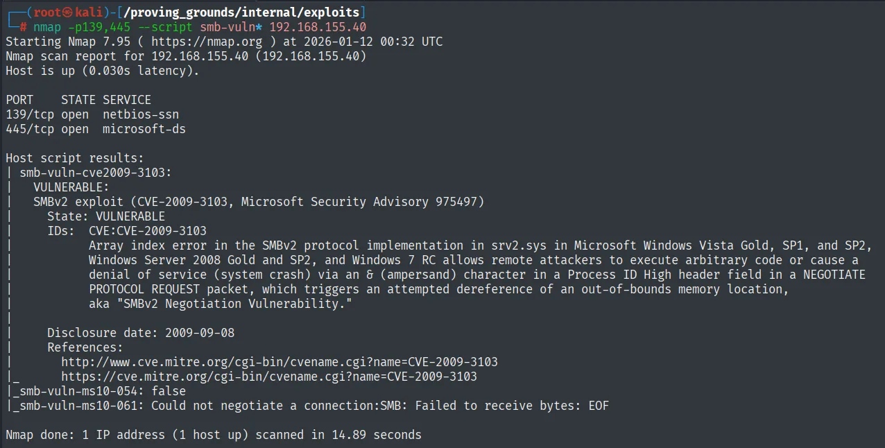nmap smb-vuln marcando Internal como VULNERABLE a CVE-2009-3103 (SMBv2 srv2.sys)