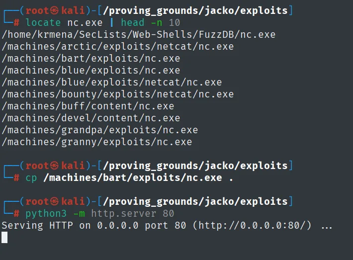 Se localiza y sirve el nc.exe por HTTP desde Kali