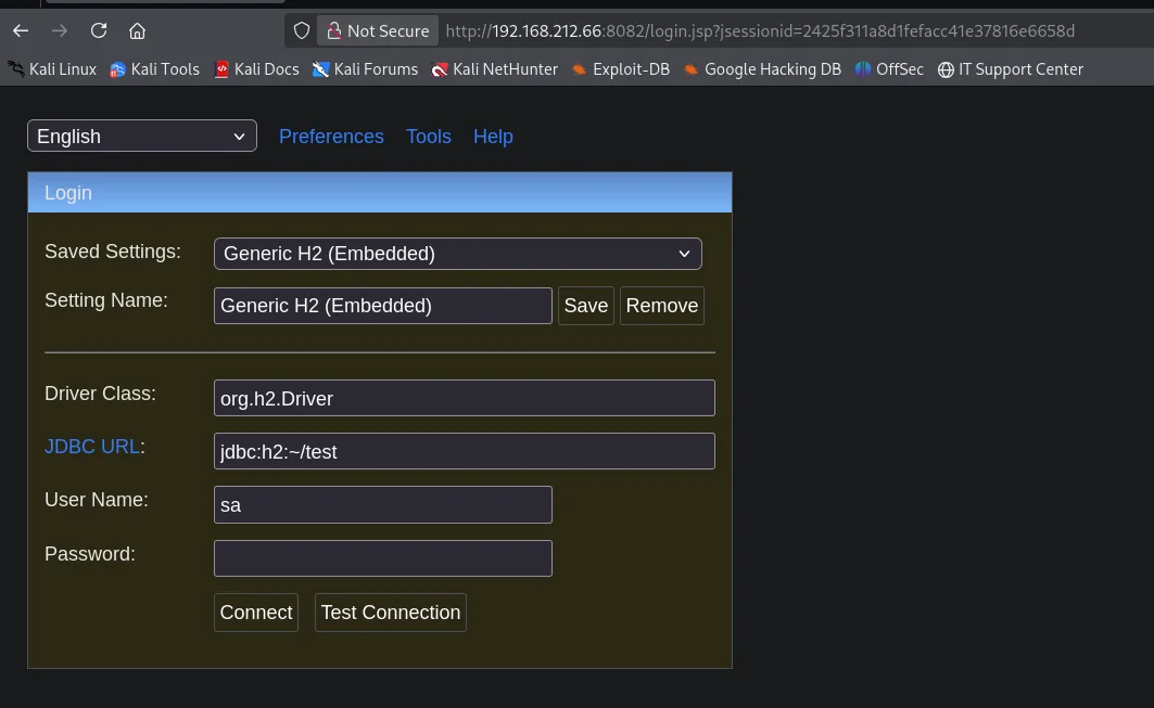 Login de la consola H2 en el puerto 8082 con la configuración Generic H2 (Embedded): driver org.h2.Driver, JDBC URL jdbc:h2:~/test, usuario sa y contraseña en blanco