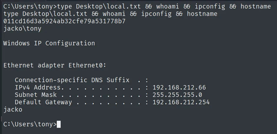 local.txt leída como jacko\tony en la máquina JACKO (192.168.212.66)