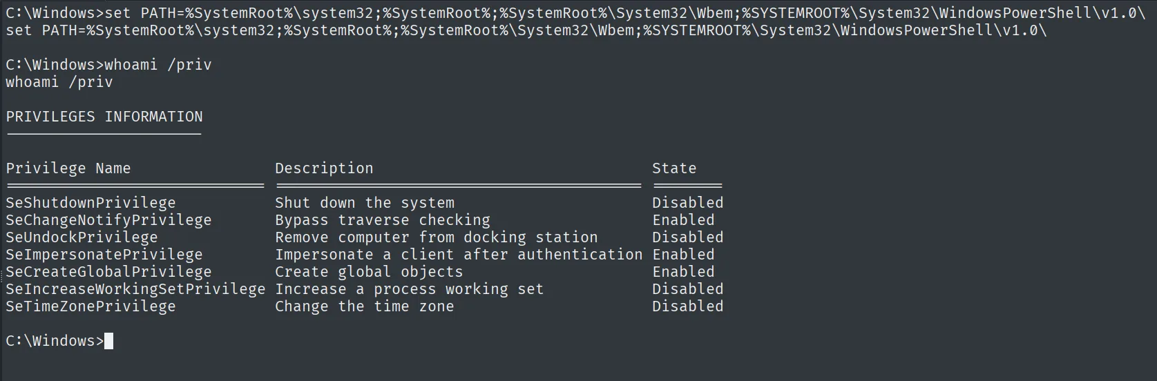 whoami /priv tras restaurar el PATH: SeImpersonatePrivilege y SeCreateGlobalPrivilege aparecen Enabled
