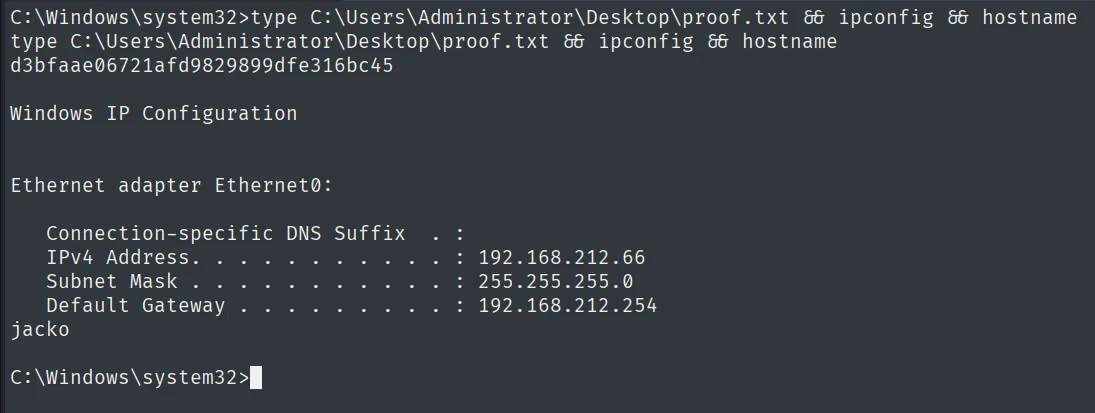 proof.txt leída como nt authority\system en JACKO