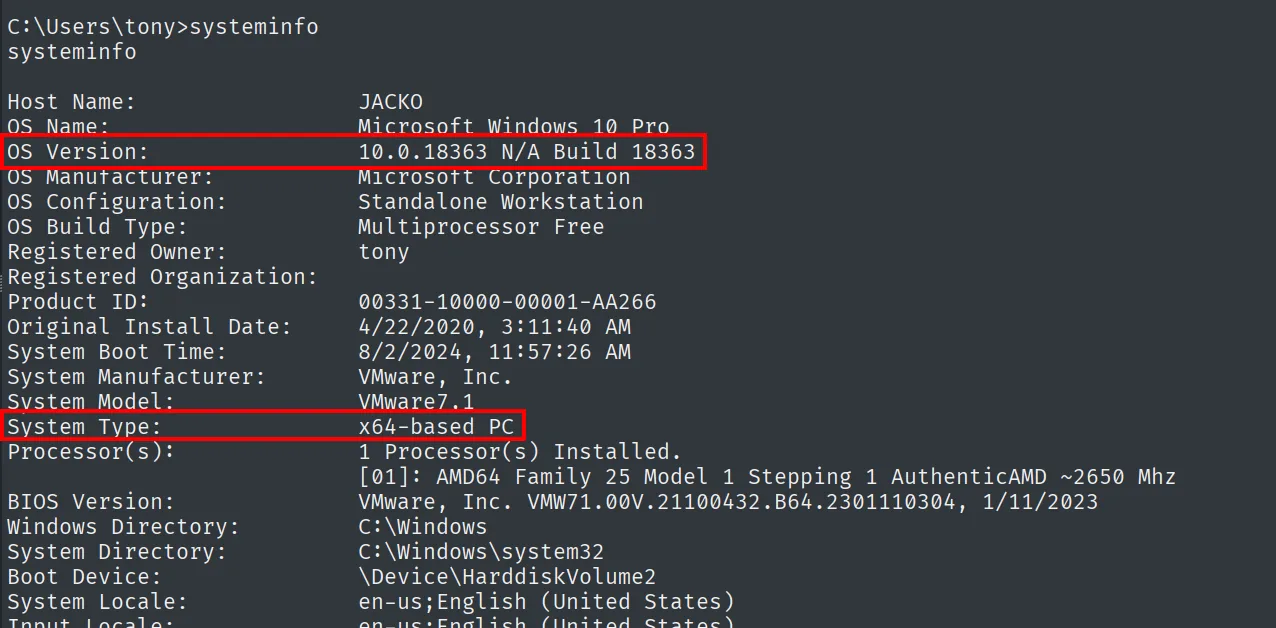 systeminfo: Host Name JACKO, OS Windows 10 Pro, OS Version 10.0.18363 Build 18363, System Type x64