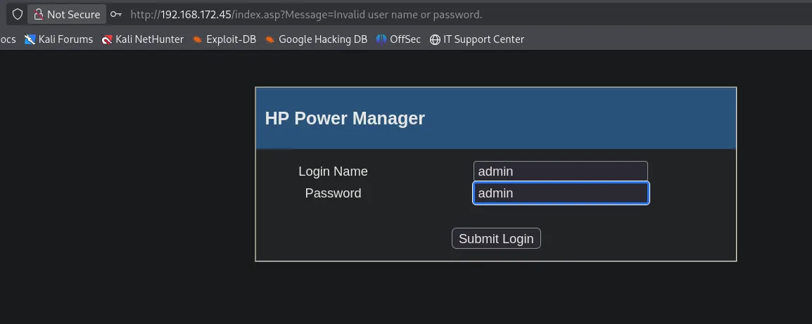 Intento de login admin/admin rechazado con 'Invalid user name or password'