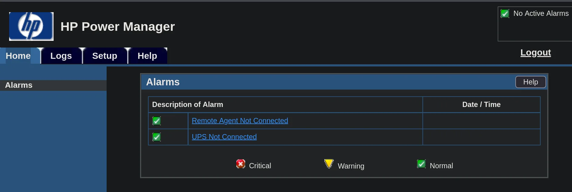Consola de HP Power Manager mostrando la sección Alarms con 'Remote Agent Not Connected' y 'UPS Not Connected'