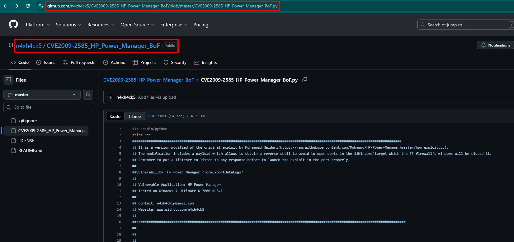 Repositorio de GitHub del exploit CVE2009-2585_HP_Power_Manager_BoF.py para HP Power Manager