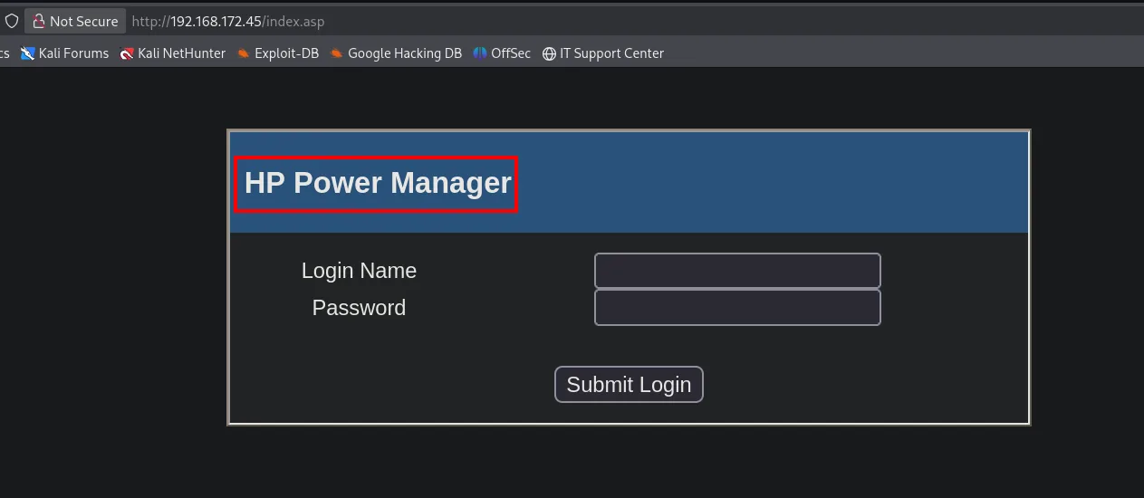 Página de login de HP Power Manager servida por GoAhead WebServer
