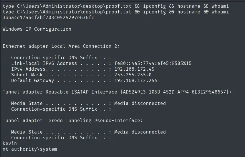 Lectura de proof.txt como nt authority\system, con ipconfig y hostname kevin