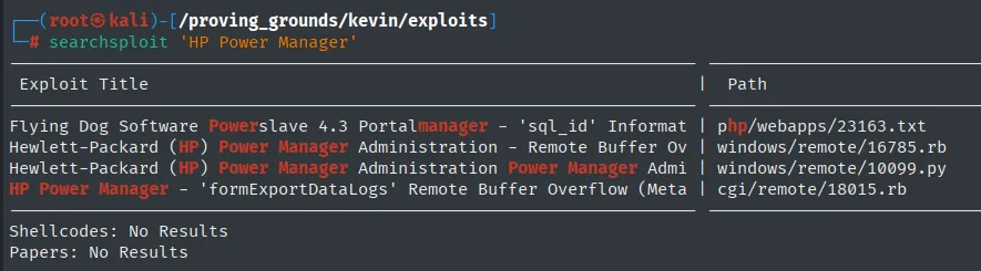 Resultados de searchsploit para HP Power Manager, con el módulo formExportDataLogs Remote Buffer Overflow