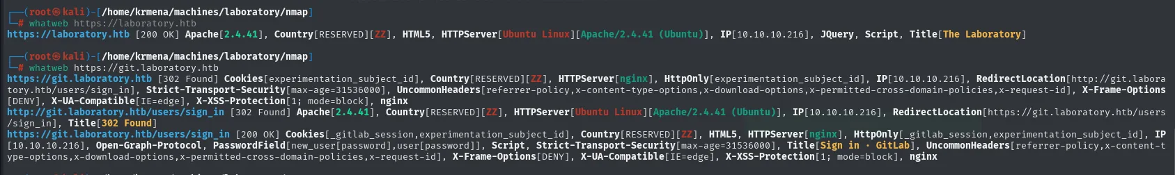 whatweb contra ambos vhosts: Apache en el principal, nginx y cookies de GitLab en git