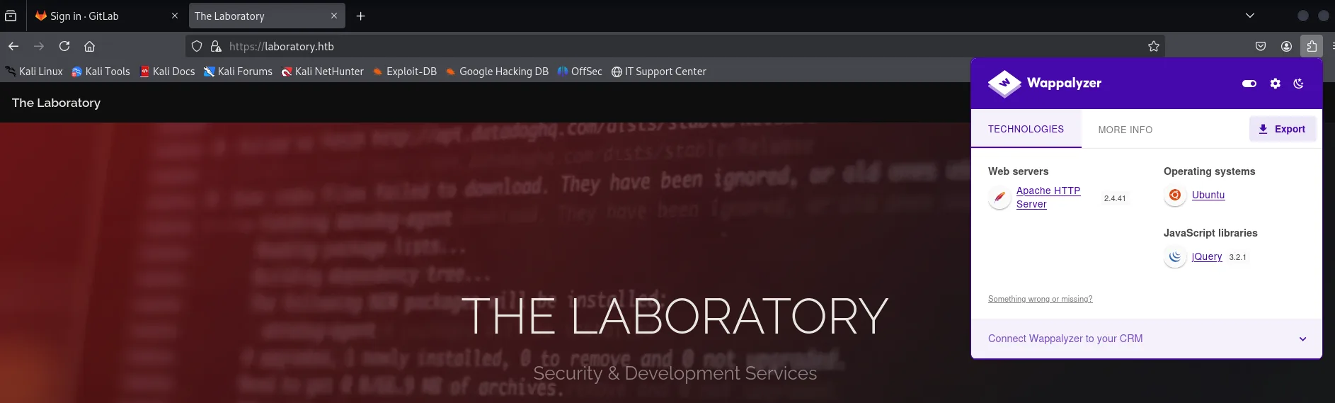 la portada THE LABORATORY con Wappalyzer detectando Apache HTTP Server 2.4.41, Ubuntu y jQuery 3.2.1