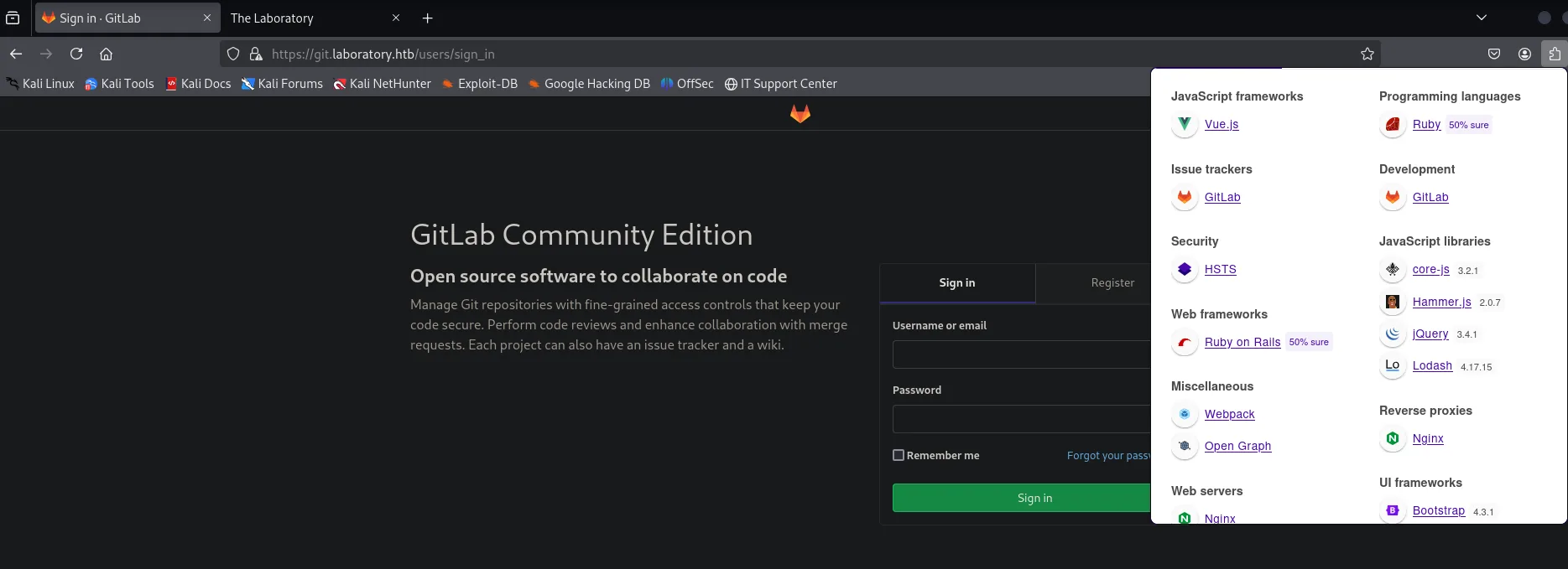 el login de GitLab Community Edition con Wappalyzer detectando GitLab, Ruby on Rails, Ruby, Vue.js, nginx, Webpack, Bootstrap 4.3.1 y jQuery 3.4.1